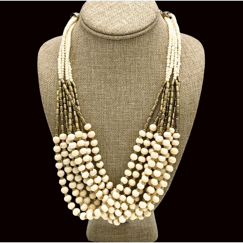 Bone Colored Multi-Strand Vintage Necklace Egyptian MCM Tribal Bohemian